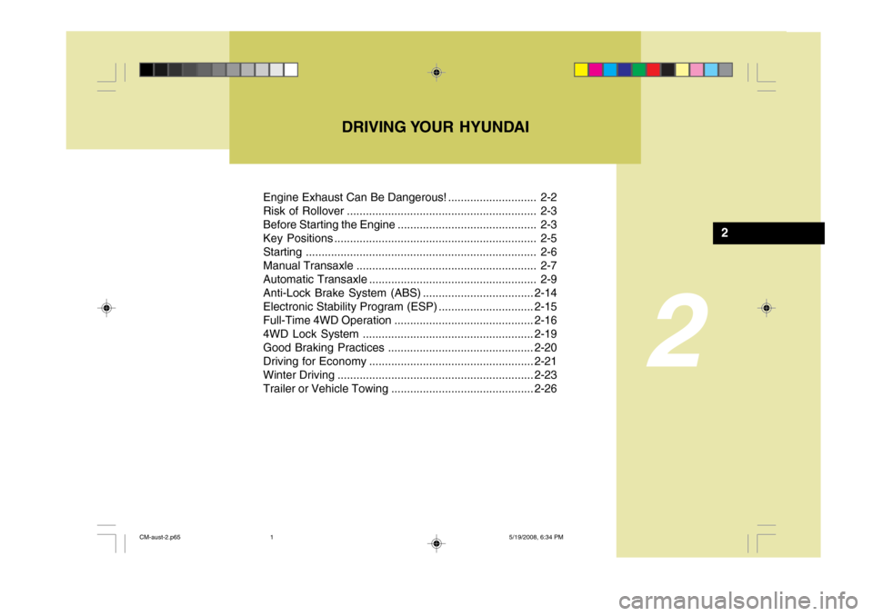 Hyundai Santa Fe 2009  Owners Manual - RHD (UK, Australia) 2
Engine Exhaust Can Be Dangerous! ............................ 2-2 
Risk of Rollover ............................................................ 2-3
Before Starting the Engine ......................