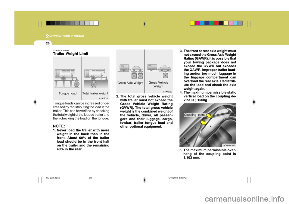 Hyundai Santa Fe 2009  Owners Manual - RHD (UK, Australia) 2DRIVING YOUR HYUNDAI
28
3. The front or rear axle weight mustnot exceed the Gross Axle Weight Rating (GAWR). It is possible that your towing package does not exceed the GVWR but exceedsthe GAWR. Impr