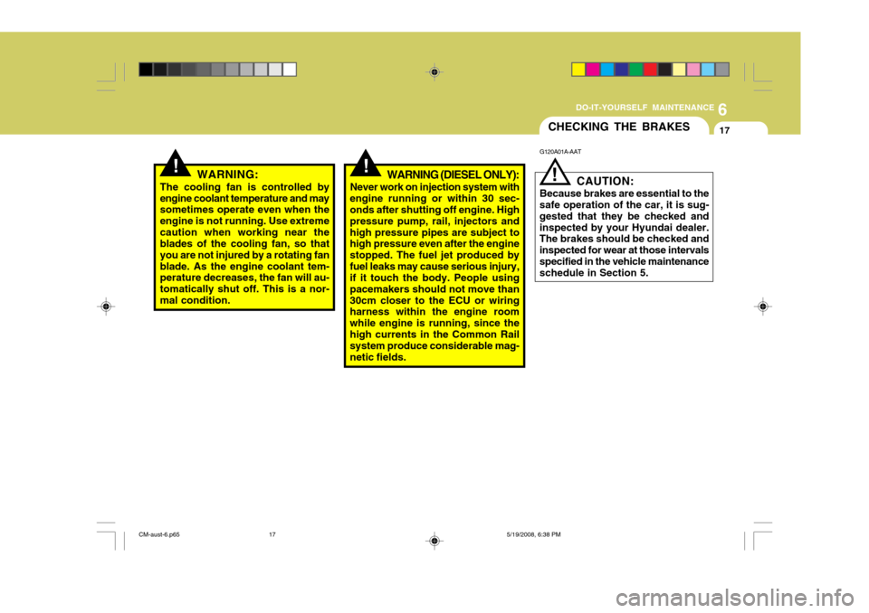 Hyundai Santa Fe 2009  Owners Manual - RHD (UK, Australia) 6
DO-IT-YOURSELF MAINTENANCE
17
!WARNING:
The cooling fan is controlled by engine coolant temperature and may sometimes operate even when the engine is not running. Use extremecaution when working nea