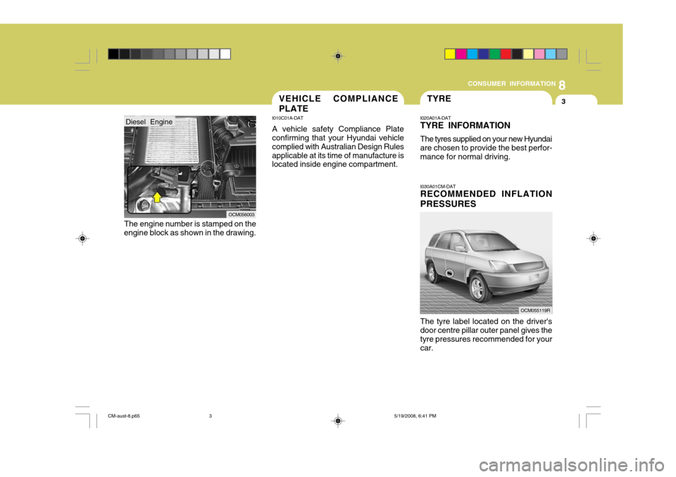 Hyundai Santa Fe 2009  Owners Manual - RHD (UK, Australia) 8
CONSUMER INFORMATION
3TYRE
I030A01CM-DAT RECOMMENDED INFLATION PRESSURES The tyre label located on the drivers door centre pillar outer panel gives the tyre pressures recommended for your car.
I020