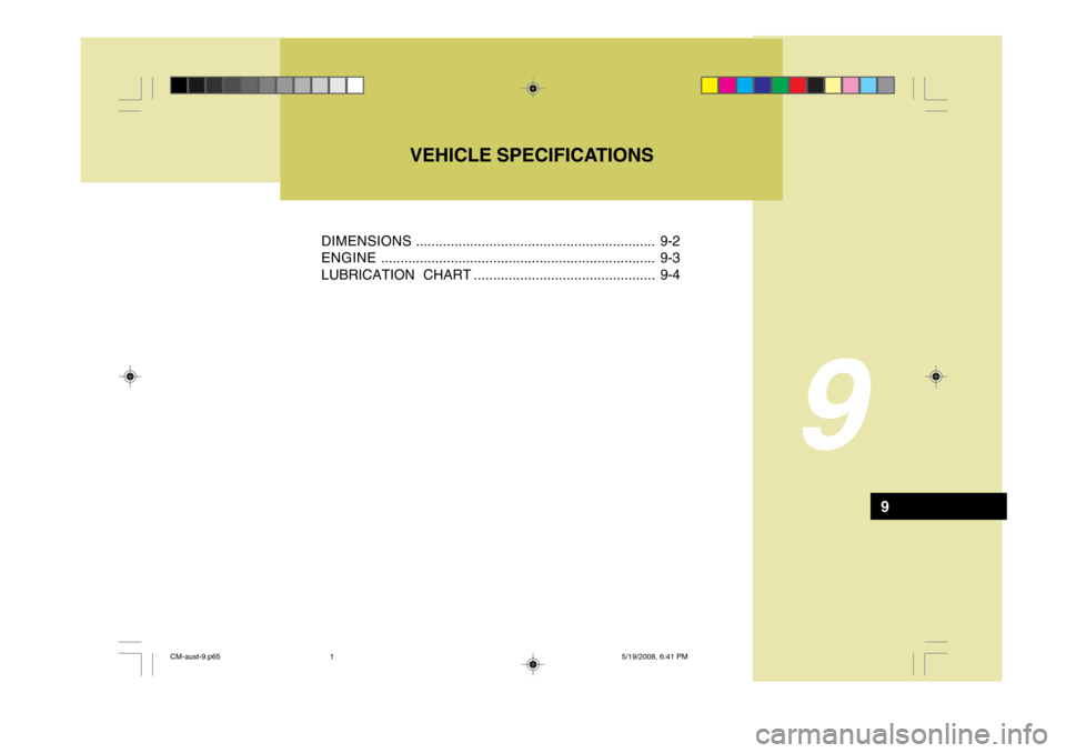 Hyundai Santa Fe 2009  Owners Manual - RHD (UK, Australia) DIMENSIONS.............................................................. 9-2
ENGINE ....................................................................... 9-3
LUBRICATION CHART ......................