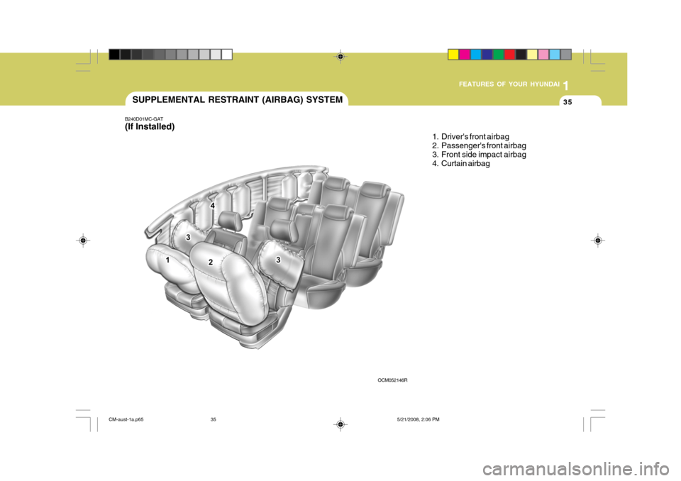 Hyundai Santa Fe 2009  Owners Manual - RHD (UK, Australia) 1
FEATURES OF YOUR HYUNDAI
35
B240D01MC-GAT (If Installed) SUPPLEMENTAL RESTRAINT (AIRBAG) SYSTEM
1. Drivers front airbag 
2. Passengers front airbag 
3. Front side impact airbag
4. Curtain airbag
O