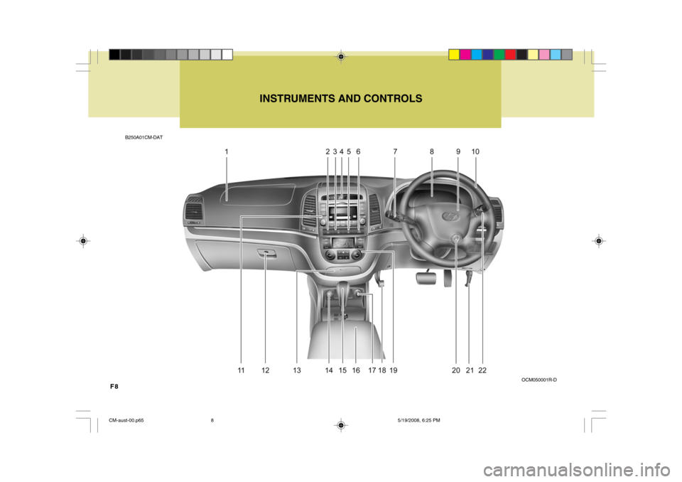 Hyundai Santa Fe 2009  Owners Manual - RHD (UK, Australia) F8
B250A01CM-DATINSTRUMENTS AND CONTROLS
OCM050001R-D
CM-aust-00.p65 5/19/2008, 6:25 PM
8  