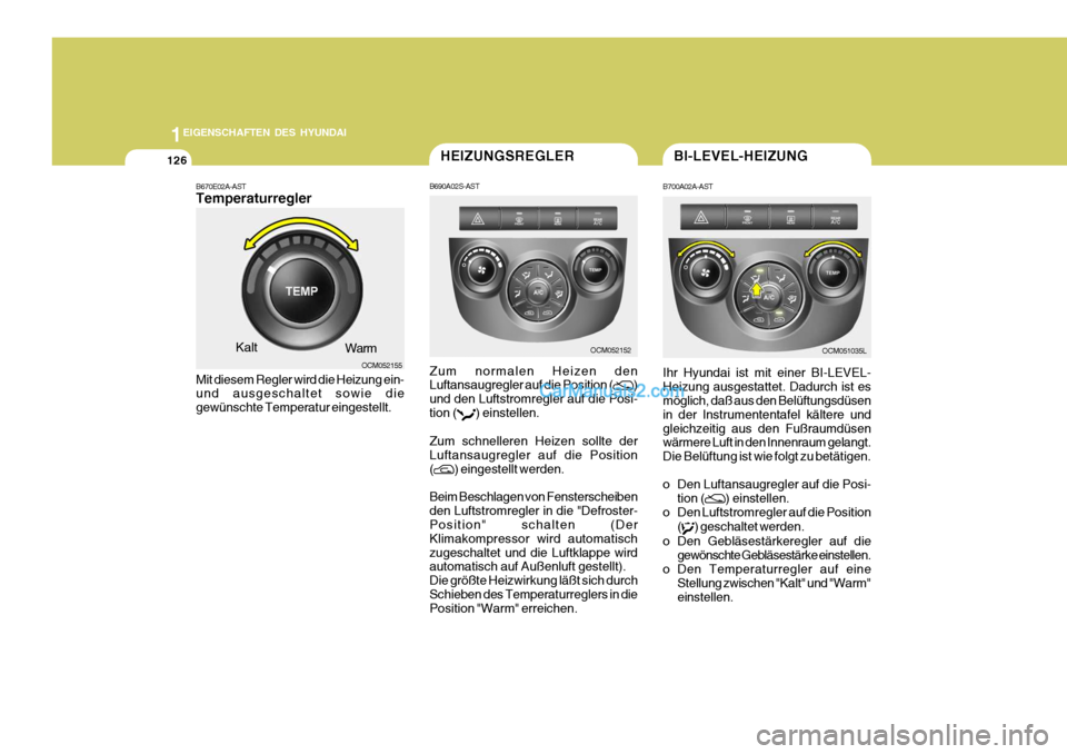 Hyundai Santa Fe 2009 Betriebsanleitung (in German) 1EIGENSCHAFTEN DES HYUNDAI
126
OCM052152
HEIZUNGSREGLER
B690A02S-AST Zum normalen Heizen den Luftansaugregler auf die Position (
)
und den Luftstromregler auf die Posi- tion (
) einstellen.
Zum schnel Hyundai Santa Fe 2009 Betriebsanleitung (in German) 1EIGENSCHAFTEN DES HYUNDAI
126
OCM052152
HEIZUNGSREGLER
B690A02S-AST Zum normalen Heizen den Luftansaugregler auf die Position (
)
und den Luftstromregler auf die Posi- tion (
) einstellen.
Zum schnel
