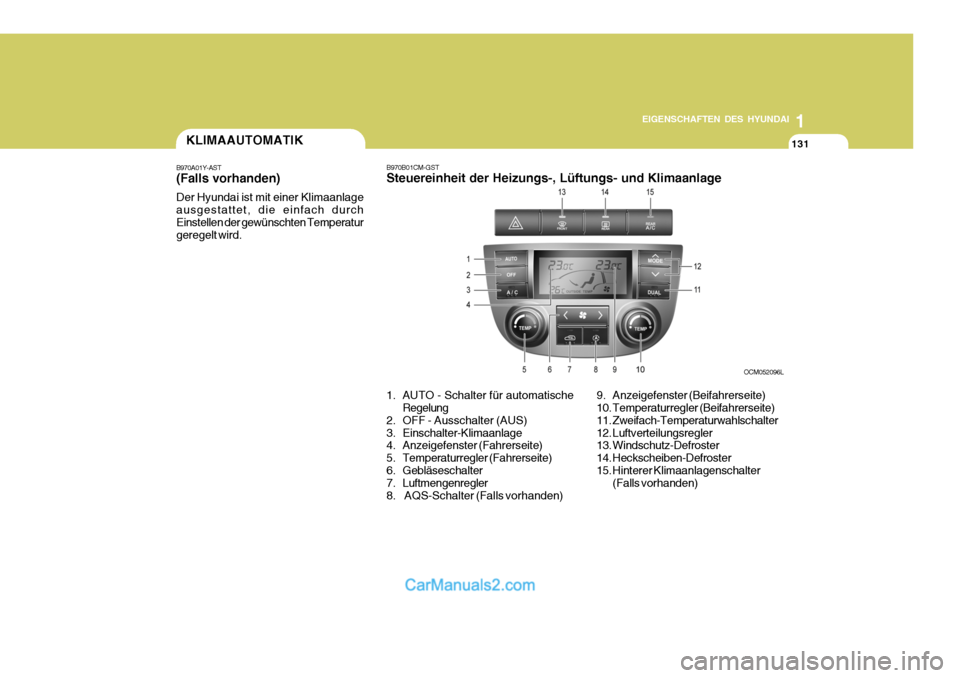 Hyundai Santa Fe 2009  Betriebsanleitung (in German) 1
EIGENSCHAFTEN DES HYUNDAI
131131131
OCM052096LKLIMAAUTOMATIK
B970A01Y-AST (Falls vorhanden) Der Hyundai ist mit einer Klimaanlage ausgestattet, die einfach durchEinstellen der gewünschten Temperatu