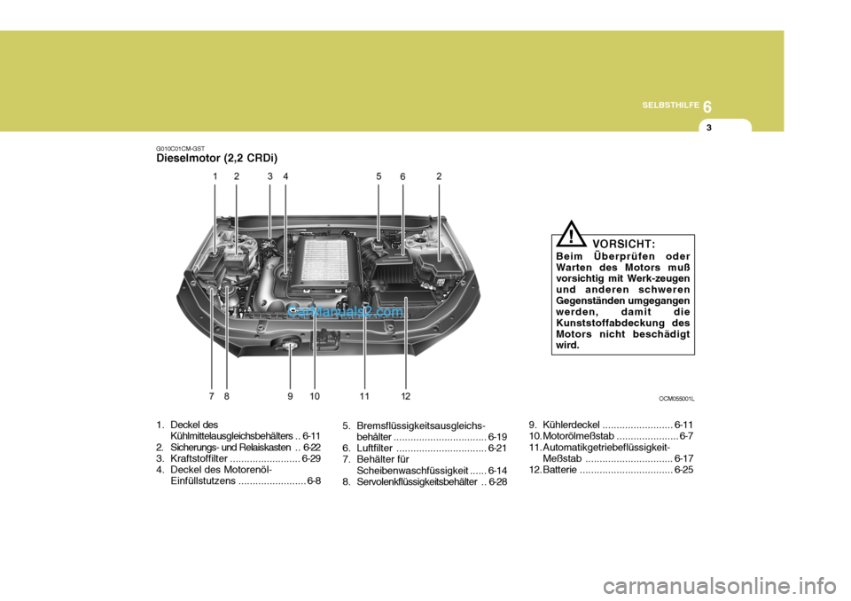 Hyundai Santa Fe 2009  Betriebsanleitung (in German) 6
SELBSTHILFE
3
G010C01CM-GST Dieselmotor (2,2 CRDi) 
1. Deckel des
Kühlmittelausgleichsbehälters .. 6-11
2. Sicherungs- und Relaiskasten . . 6-22
3. Kraftstoffilter ......................... 6-29
4