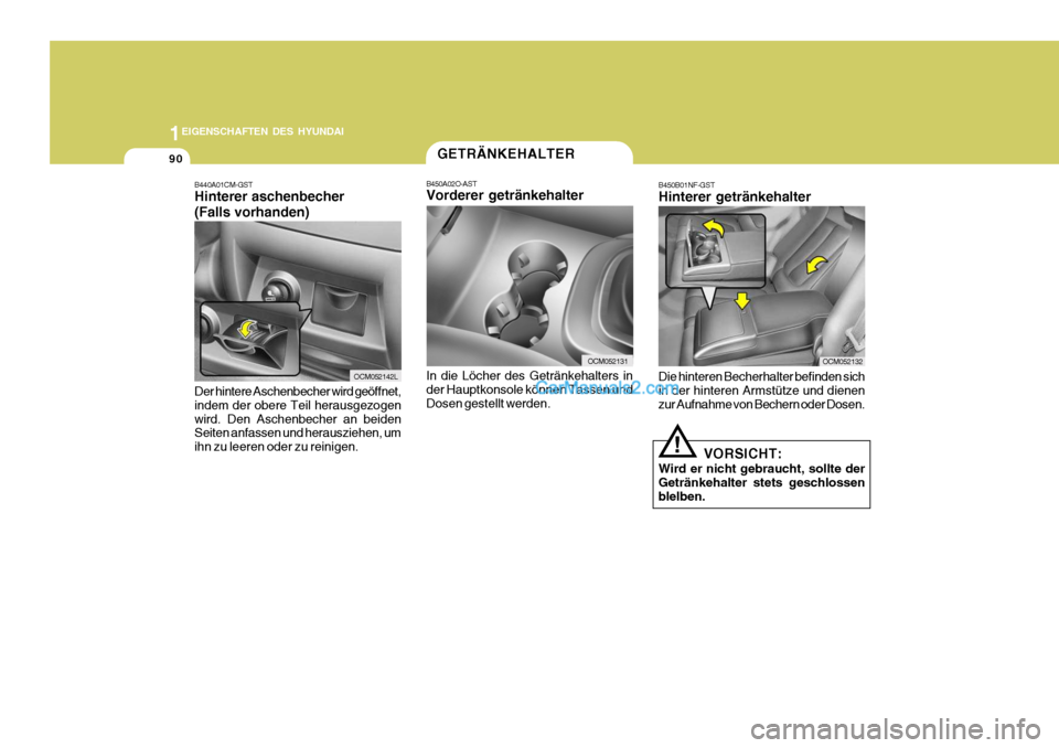 Hyundai Santa Fe 2009  Betriebsanleitung (in German) 1EIGENSCHAFTEN DES HYUNDAI
90
OCM052132
!
VORSICHT:
Wird er nicht gebraucht, sollte der Getränkehalter stets geschlossen blelben.
B450B01NF-GST Hinterer getränkehalter Die hinteren Becherhalter befi