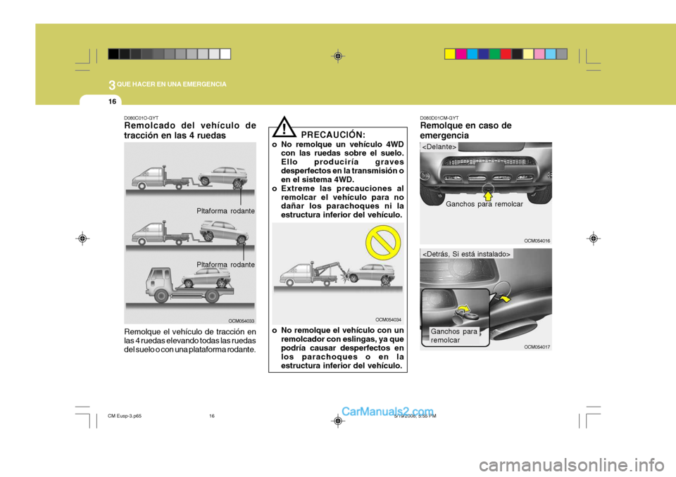 Hyundai Santa Fe 2009  Manual del propietario (in Spanish) 3QUE HACER EN UNA EMERGENCIA
16
OCM054017
D080C01O-GYT Remolcado del vehículo de tracción en las 4 ruedas
OCM054033
Remolque el vehículo de tracción en las 4 ruedas elevando todas las ruedasdel su
