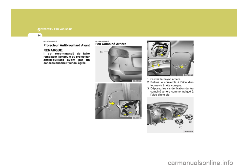 Hyundai Santa Fe 2009  Manuel du propriétaire (in French) 6ENTRETIEN PAR VOS SOINS
34
G270B01CM-GUT Feu Combiné Arrière
OCM055022
(3)
(1) (2)
OCM052016
1. Ouvrez le hayon arrière. 
2. Retirez le couvercle à laide dun
tournevis à tête conique.
3. Dép