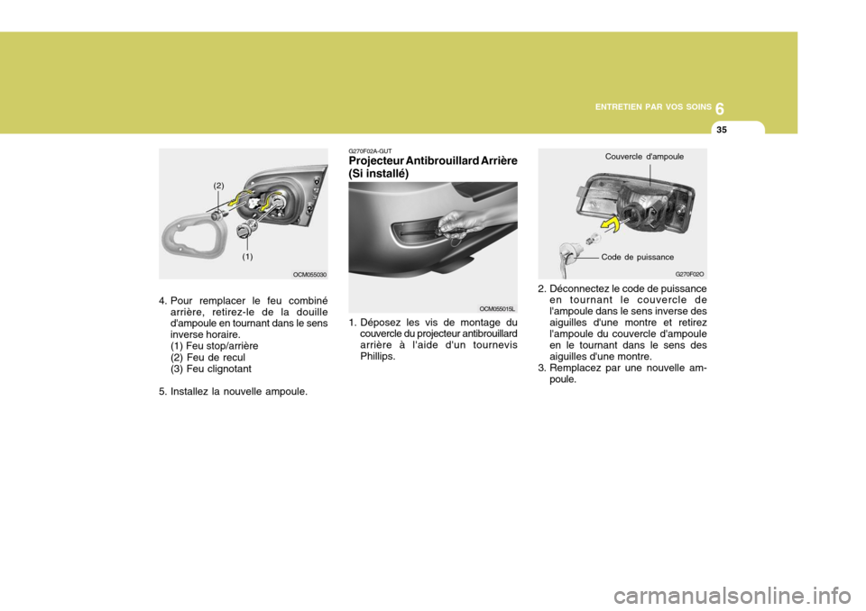 Hyundai Santa Fe 2009  Manuel du propriétaire (in French) 6
ENTRETIEN PAR VOS SOINS
35
2. Déconnectez le code de puissance en tournant le couvercle de lampoule dans le sens inverse desaiguilles dune montre et retirez lampoule du couvercle dampoule en le