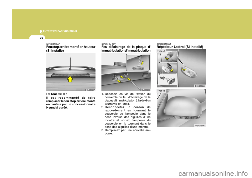 Hyundai Santa Fe 2009  Manuel du propriétaire (in French) 6ENTRETIEN PAR VOS SOINS
36
G270E01CM-GUT Répétiteur Latéral (Si installé)
OCM055038
G270J01CM-GUT Feu d’éclairage de la plaque d immatriculation d’immatriculation
1. Déposez les vis de fix