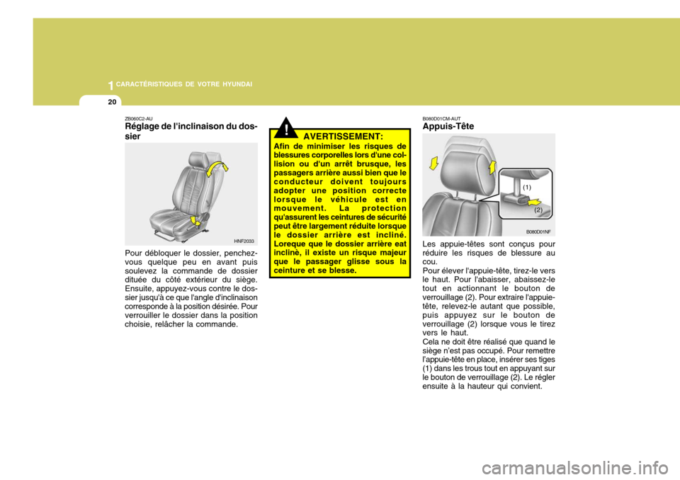Hyundai Santa Fe 2009 Manuel du propriétaire (in French) 1CARACTÉRISTIQUES DE VOTRE HYUNDAI
20
!
ZB060C2-AU Réglage de linclinaison du dos- sier
AVERTISSEMENT:
Afin de minimiser les risques de blessures corporelles lors dune col- lision ou dun arrêt b Hyundai Santa Fe 2009 Manuel du propriétaire (in French) 1CARACTÉRISTIQUES DE VOTRE HYUNDAI
20
!
ZB060C2-AU Réglage de linclinaison du dos- sier
AVERTISSEMENT:
Afin de minimiser les risques de blessures corporelles lors dune col- lision ou dun arrêt b