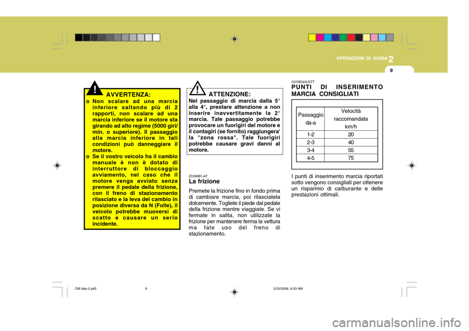 Hyundai Santa Fe 2009 Manuale del proprietario (in Italian) 2
OPERAZIONI DI GUIDA
9
!
ZC090B1-AT La frizione Premete la frizione fino in fondo prima
di cambiare marcia, poi rilasciatela dolcemente. Togliete il piede dal pedale della frizione mentre viaggiate. Hyundai Santa Fe 2009 Manuale del proprietario (in Italian) 2
OPERAZIONI DI GUIDA
9
!
ZC090B1-AT La frizione Premete la frizione fino in fondo prima
di cambiare marcia, poi rilasciatela dolcemente. Togliete il piede dal pedale della frizione mentre viaggiate.