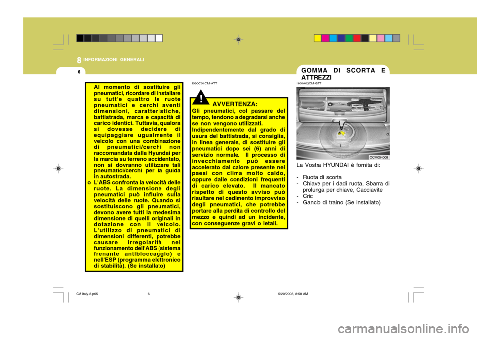 Hyundai Santa Fe 2009 Manuale del proprietario (in Italian) 8INFORMAZIONI GENERALI
6GOMMA DI SCORTA E ATTREZZI
I100A02CM-GTT La Vostra HYUNDAI è fornita di:
- Ruota di scorta
- Chiave per i dadi ruota, Sbarra di prolunga per chiave, Cacciavite
- Cric
- Ganci Hyundai Santa Fe 2009 Manuale del proprietario (in Italian) 8INFORMAZIONI GENERALI
6GOMMA DI SCORTA E ATTREZZI
I100A02CM-GTT La Vostra HYUNDAI è fornita di:
- Ruota di scorta
- Chiave per i dadi ruota, Sbarra di prolunga per chiave, Cacciavite
- Cric
- Ganci