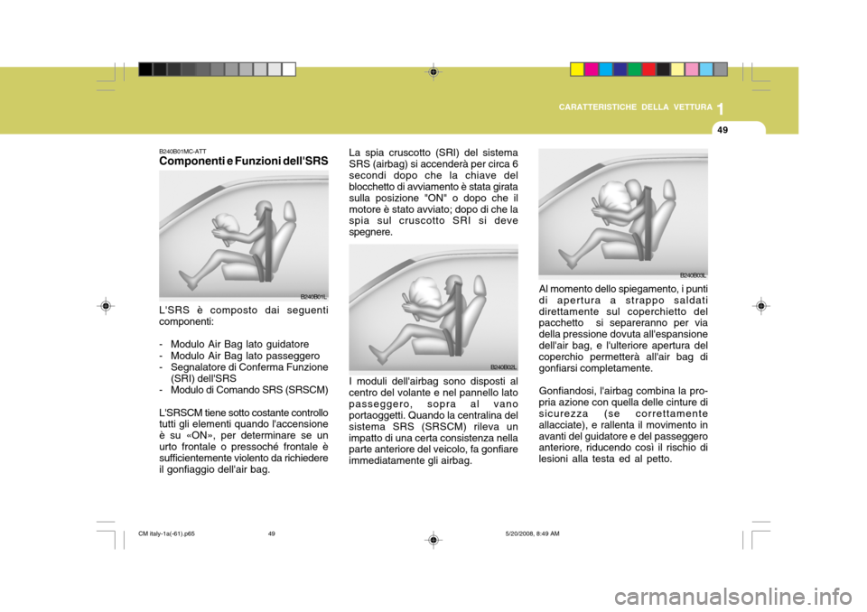 Hyundai Santa Fe 2009 Manuale del proprietario (in Italian) 1
CARATTERISTICHE DELLA VETTURA
49
B240B02L Al momento dello spiegamento, i punti
di apertura a strappo saldati direttamente sul coperchietto del pacchetto si separeranno per via della pressione dovu Hyundai Santa Fe 2009 Manuale del proprietario (in Italian) 1
CARATTERISTICHE DELLA VETTURA
49
B240B02L Al momento dello spiegamento, i punti
di apertura a strappo saldati direttamente sul coperchietto del pacchetto si separeranno per via della pressione dovu