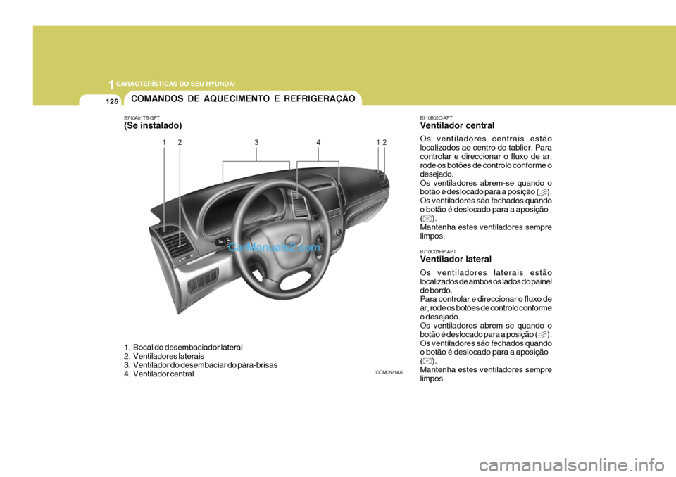 Hyundai Santa Fe 2009  Manual do proprietário (in Portuguese) 1CARACTERÍSTICAS DO SEU HYUNDAI
126
OCM052147L
COMANDOS DE AQUECIMENTO E REFRIGERAÇÃO
B710A01TB-GPT (Se instalado)
B710C01HP-APT Ventilador lateral Os ventiladores laterais estão localizados de am
