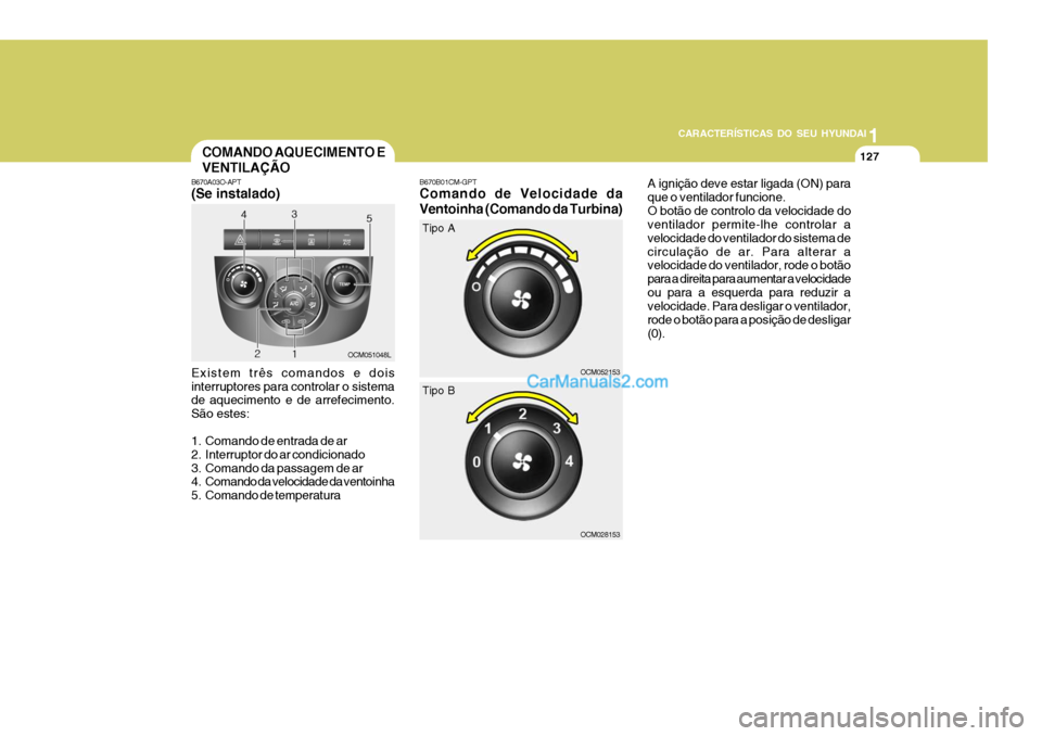Hyundai Santa Fe 2009  Manual do proprietário (in Portuguese) 11
CARACTERÍSTICAS DO SEU HYUNDAI
127COMANDO AQUECIMENTO E VENTILAÇÃO
B670A03O-APT (Se instalado) B670B01CM-GPTComando de Velocidade da Ventoinha (Comando da Turbina)
Existem três comandos e dois 