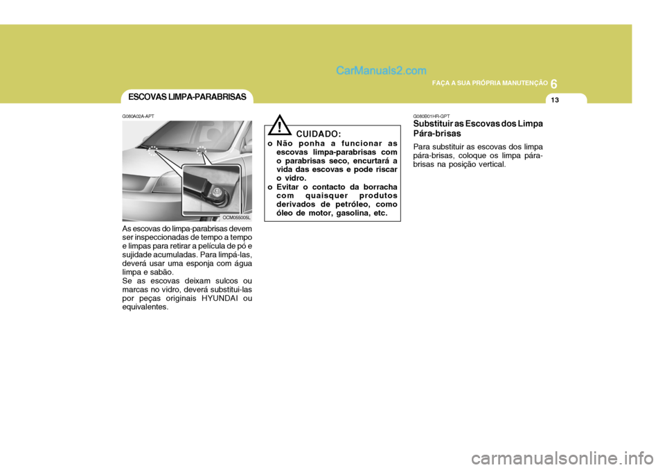 Hyundai Santa Fe 2009  Manual do proprietário (in Portuguese) 6
FAÇA A SUA PRÓPRIA MANUTENÇÃO
13ESCOVAS LIMPA-PARABRISAS
G080A02A-APT As escovas do limpa-parabrisas devem ser inspeccionadas de tempo a tempo e limpas para retirar a película de pó esujidade 