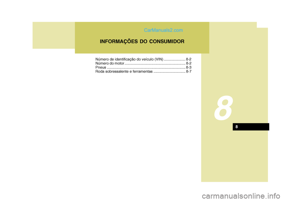 Hyundai Santa Fe 2009  Manual do proprietário (in Portuguese) 8
INFORMAÇÕES DO CONSUMIDOR
8
Número de identificação do veículo (VIN) ..................... 8-2 
Número do motor ........................................................... 8-2Pneus...........