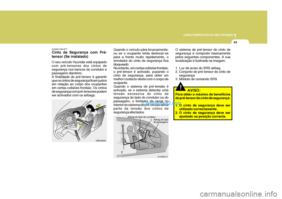 Hyundai Santa Fe 2009 Manual do proprietário (in Portuguese) 1
CARACTERÍSTICAS DO SEU HYUNDAI
45
B180B01CM-GPT Cinto de Segurança com Pré- tensor (Se instalado) O seu veículo Hyundai está equipado com pré-tensores dos cintos desegurança nos bancos do con Hyundai Santa Fe 2009 Manual do proprietário (in Portuguese) 1
CARACTERÍSTICAS DO SEU HYUNDAI
45
B180B01CM-GPT Cinto de Segurança com Pré- tensor (Se instalado) O seu veículo Hyundai está equipado com pré-tensores dos cintos desegurança nos bancos do con