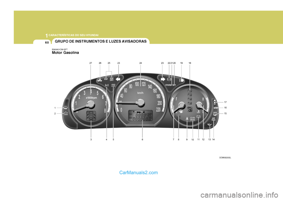 Hyundai Santa Fe 2009  Manual do proprietário (in Portuguese) 1CARACTERÍSTICAS DO SEU HYUNDAI
60GRUPO DE INSTRUMENTOS E LUZES AVISADORAS
B260A01CM-GPT Motor Gasolina
OCM052202L   