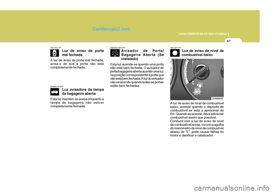Hyundai Santa Fe 2009 Manual do proprietário (in Portuguese) 1
CARACTERÍSTICAS DO SEU HYUNDAI
67
YB110D1-FP Luz de aviso de porta mal fechada
A luz de aviso da porta mal fechada, avisa-o de que a porta não estácompletamente fechada. SB110P1-FP
Luz de avi Hyundai Santa Fe 2009 Manual do proprietário (in Portuguese) 1
CARACTERÍSTICAS DO SEU HYUNDAI
67
YB110D1-FP Luz de aviso de porta mal fechada
A luz de aviso da porta mal fechada, avisa-o de que a porta não estácompletamente fechada. SB110P1-FP
Luz de avi