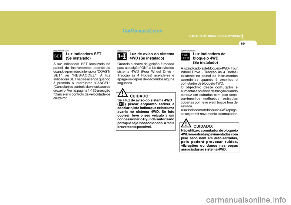 Hyundai Santa Fe 2009 Manual do proprietário (in Portuguese) 1
CARACTERÍSTICAS DO SEU HYUNDAI
69
B260T01O-GPT Luz de aviso do sistema
4WD (Se instalado)
Quando a chave da ignição é rodada para a posição "ON", a luz de aviso dosistema 4WD (Four Wheel Driv Hyundai Santa Fe 2009 Manual do proprietário (in Portuguese) 1
CARACTERÍSTICAS DO SEU HYUNDAI
69
B260T01O-GPT Luz de aviso do sistema
4WD (Se instalado)
Quando a chave da ignição é rodada para a posição "ON", a luz de aviso dosistema 4WD (Four Wheel Driv