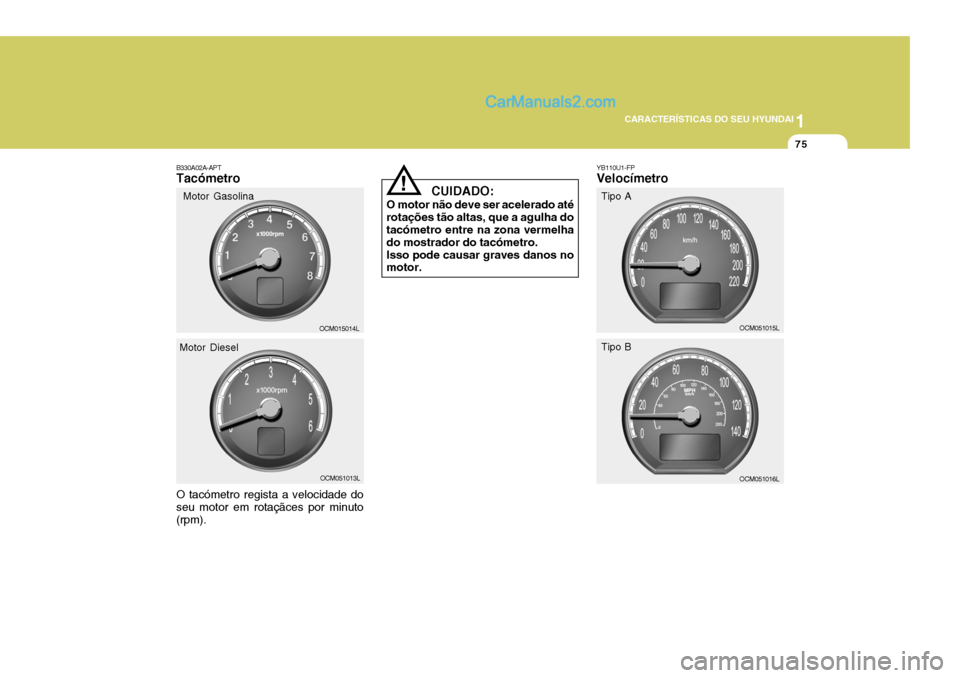 Hyundai Santa Fe 2009  Manual do proprietário (in Portuguese) 1
CARACTERÍSTICAS DO SEU HYUNDAI
75
B330A02A-APT Tacómetro O tacómetro regista a velocidade do seu motor em rotaçãces por minuto(rpm). OCM015014L
OCM051013L
Motor Gasolina
Motor DieselYB110U1-FP 