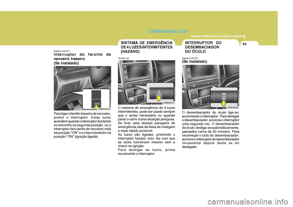 Hyundai Santa Fe 2009 Manual do proprietário (in Portuguese) 1
CARACTERÍSTICAS DO SEU HYUNDAI
89
B360A01CM-GPT Interruptor do farolim de nevoeiro traseiro(Se instalado)
OCM051019L
Para ligar o farolim traseiro de nevoeiro, premir o interruptor. Estas luzes ace Hyundai Santa Fe 2009 Manual do proprietário (in Portuguese) 1
CARACTERÍSTICAS DO SEU HYUNDAI
89
B360A01CM-GPT Interruptor do farolim de nevoeiro traseiro(Se instalado)
OCM051019L
Para ligar o farolim traseiro de nevoeiro, premir o interruptor. Estas luzes ace