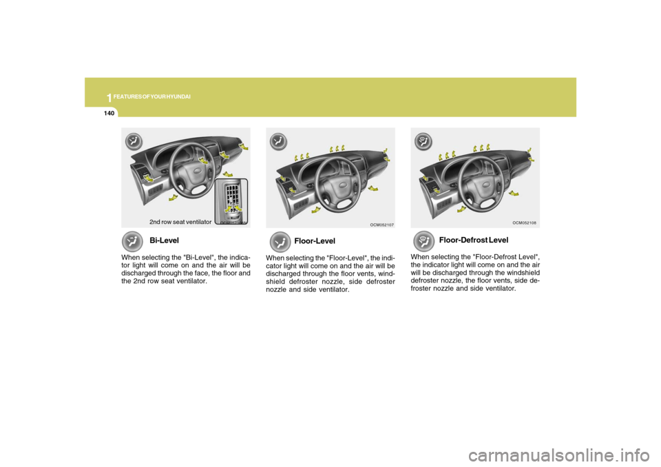 Hyundai Santa Fe 2008  Owners Manual 1FEATURES OF YOUR HYUNDAI
140
Floor-Defrost Level
When selecting the "Floor-Defrost Level",
the indicator light will come on and the air
will be discharged through the windshield
defroster nozzle, the