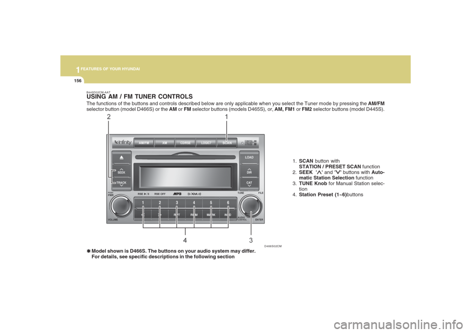 Hyundai Santa Fe 2008  Owners Manual 1FEATURES OF YOUR HYUNDAI
156
B445D02CM-AATUSING AM / FM TUNER CONTROLS❃ ❃❃ ❃
❃Model shown is D466S. The buttons on your audio system may differ.
For details, see specific descriptions in th