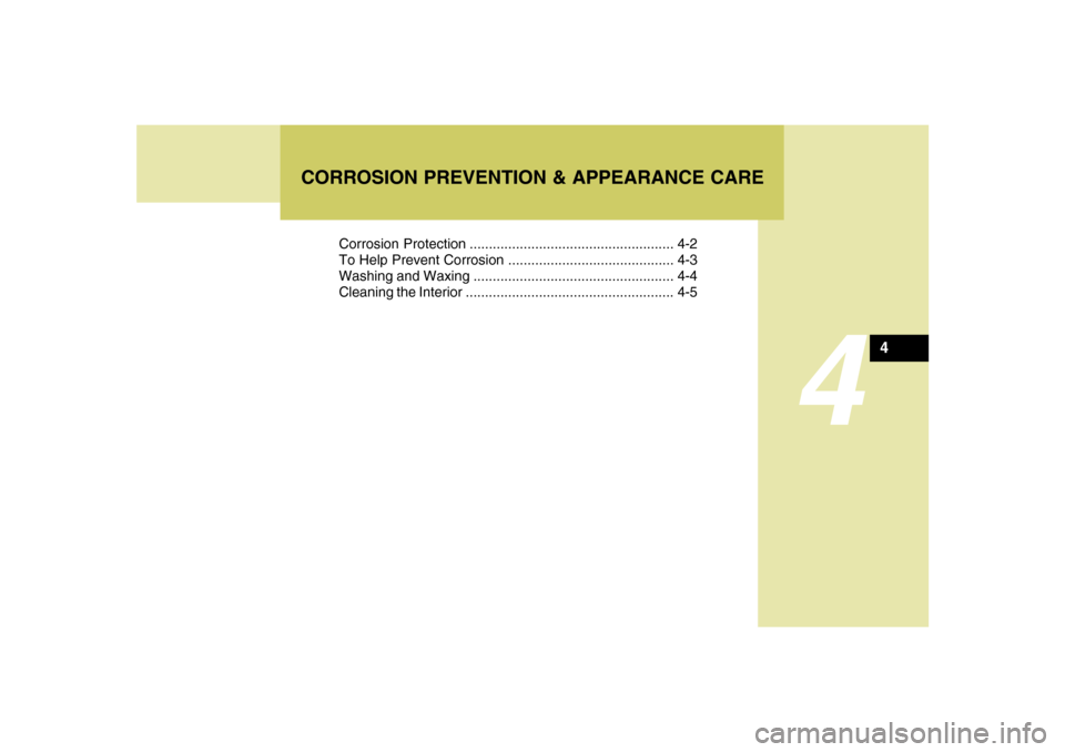 Hyundai Santa Fe 2008  Owners Manual 4
Corrosion Protection ..................................................... 4-2
To Help Prevent Corrosion ........................................... 4-3
Washing and Waxing ..........................