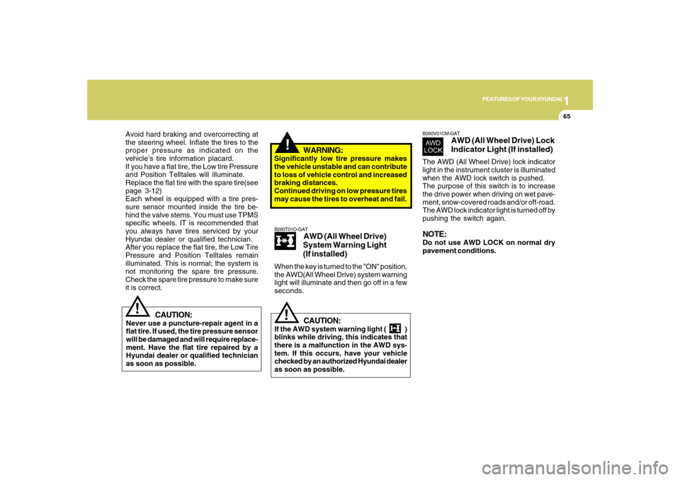 Hyundai Santa Fe 2008 Owners Manual 1
FEATURES OF YOUR HYUNDAI
65
!
WARNING:
Significantly low tire pressure makes
the vehicle unstable and can contribute
to loss of vehicle control and increased
braking distances.
Continued driving on Hyundai Santa Fe 2008 Owners Manual 1
FEATURES OF YOUR HYUNDAI
65
!
WARNING:
Significantly low tire pressure makes
the vehicle unstable and can contribute
to loss of vehicle control and increased
braking distances.
Continued driving on