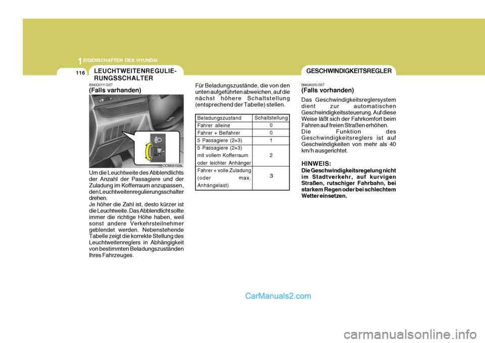 Hyundai Santa Fe 2008  Betriebsanleitung (in German) 1EIGENSCHAFTEN DES HYUNDAI
116GESCHWINDIGKEITSREGLER
B660A02S-GST (Falls vorhanden) Das Geschwindigkeitsreglersystem dient zur automatischenGeschwindigkeitssteuerung. Auf diese Weise läßt sich der F