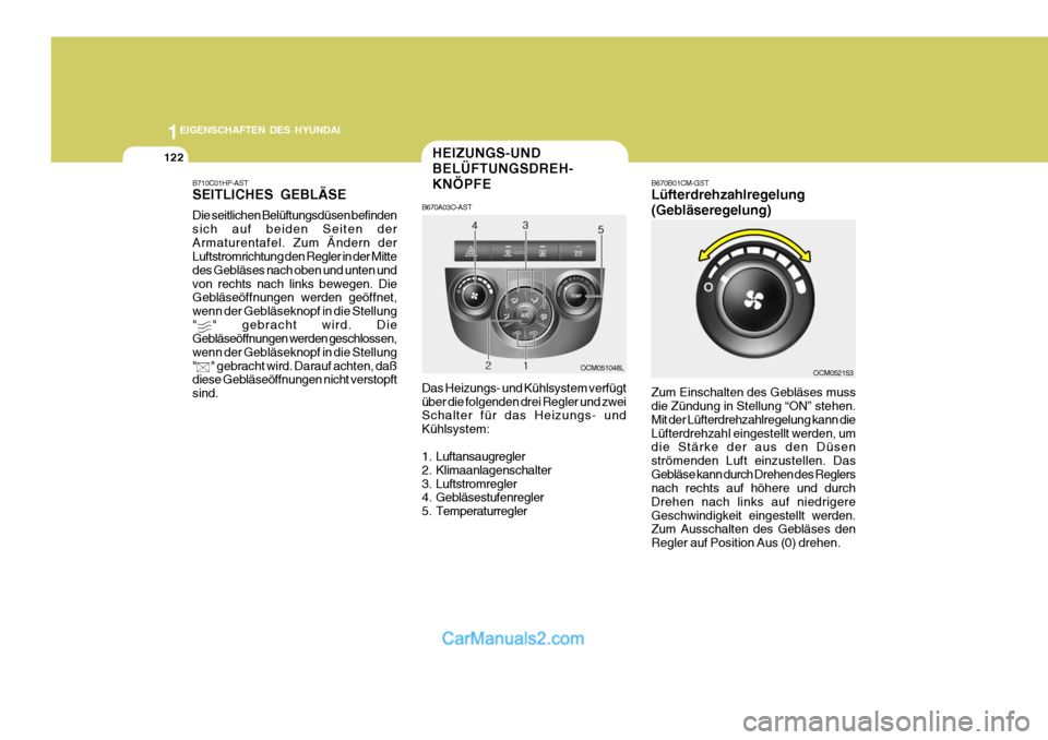 Hyundai Santa Fe 2008  Betriebsanleitung (in German) 1EIGENSCHAFTEN DES HYUNDAI
122
OCM051048L
OCM052153
B670B01CM-GST Lüfterdrehzahlregelung (Gebläseregelung) Zum Einschalten des Gebläses muss die Zündung in Stellung “ON” stehen. Mit der Lüfte