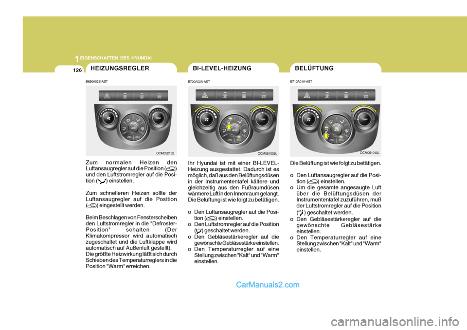Hyundai Santa Fe 2008  Betriebsanleitung (in German) 1EIGENSCHAFTEN DES HYUNDAI
126
OCM052152
HEIZUNGSREGLER
B690A02S-AST Zum normalen Heizen den Luftansaugregler auf die Position (
)
und den Luftstromregler auf die Posi- tion (
) einstellen.
Zum schnel