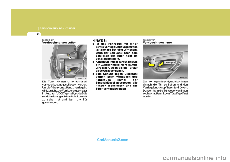 Hyundai Santa Fe 2008  Betriebsanleitung (in German) 1EIGENSCHAFTEN DES HYUNDAI
12
B040D01NF-AST Verriegeln von innen
OCM052006
HINWEIS: 
o Ist das Fahrzeug mit einer
Zentralverriegelung ausgestattet, läßt sich die Tür nicht verriegeln,wenn der Schl