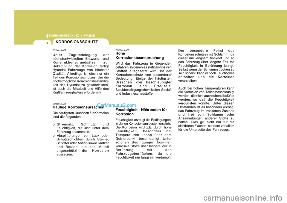 Hyundai Santa Fe 2008  Betriebsanleitung (in German) 4KORROSIONSSCHUTZ & PFLEGE
2KORROSIONSSCHUTZ
E010A01A-AST Unter Zugrundelegung der höchstentwickelten Entwurfs- und Konstruktionsgrundsätze zurBekämpfung der Korrosion fertigt Hyundai Fahrzeuge von
