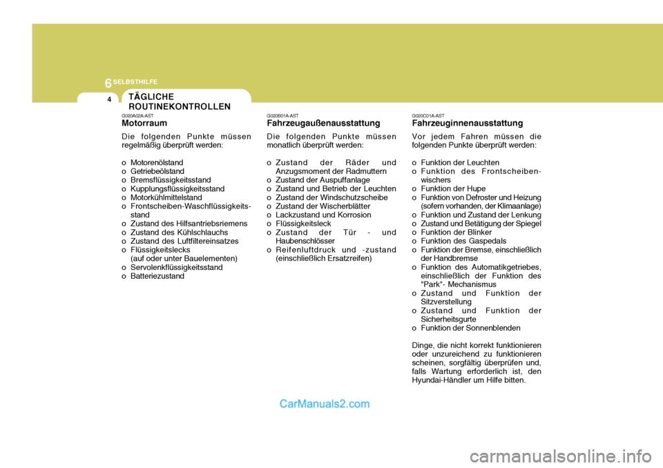 Hyundai Santa Fe 2008  Betriebsanleitung (in German) 6SELBSTHILFE
4
G020C01A-AST Fahrzeuginnenausstattung Vor jedem Fahren müssen die
folgenden Punkte überprüft werden: 
o Funktion der Leuchten 
o Funktion des Frontscheiben-
wischers
o Funktion der H