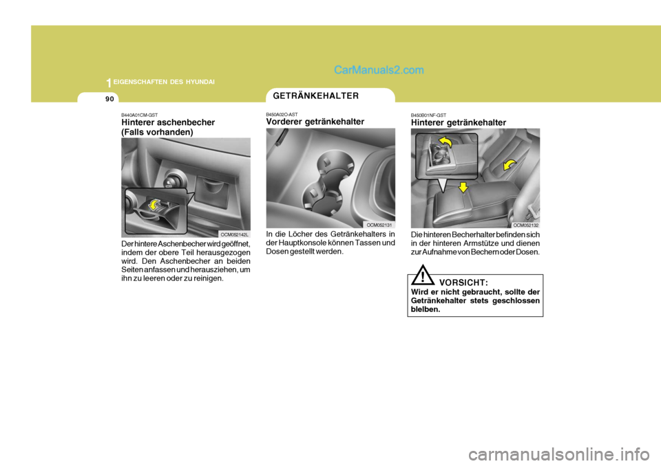 Hyundai Santa Fe 2008  Betriebsanleitung (in German) 1EIGENSCHAFTEN DES HYUNDAI
90
OCM052132
!
VORSICHT:
Wird er nicht gebraucht, sollte der Getränkehalter stets geschlossen blelben.
B450B01NF-GST Hinterer getränkehalter Die hinteren Becherhalter befi