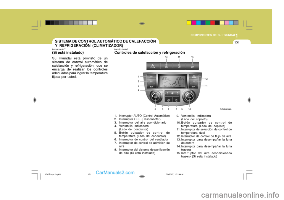 Hyundai Santa Fe 2008  Manual del propietario (in Spanish) 1
COMPONENTES DE SU HYUNDAI
131131SISTEMA DE CONTROL AUTOMÁTICO DE CALEFACCIÓN Y REFRIGERACIÓN (CLIMATIZADOR)
B970A01Y-AYT (Si está instalado) Su Hyundai está provisto de un sistema de control au