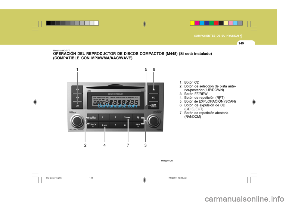 Hyundai Santa Fe 2008  Manual del propietario (in Spanish) 1
COMPONENTES DE SU HYUNDAI
149149
M445C01MC-GYT OPERACIÓN DEL REPRODUCTOR DE DISCOS COMPACTOS (M445) (Si está instalado) (COMPATIBLE CON MP3/WMA/AAC/WAVE)
1. Botón CD 
2. Botón de selección de p