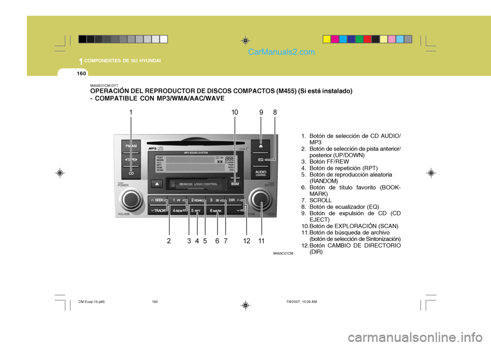 Hyundai Santa Fe 2008  Manual del propietario (in Spanish) 1COMPONENTES DE SU HYUNDAI
160
M455E01CM-GYT OPERACIÓN DEL REPRODUCTOR DE DISCOS COMPACTOS (M455) (Si está instalado) - COMPATIBLE CON MP3/WMA/AAC/WAVE
1. Botón de selección de CD AUDIO/MP3
2. Bot