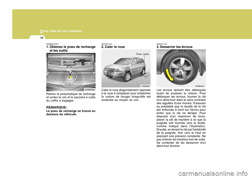 Hyundai Santa Fe 2008  Manuel du propriétaire (in French) 3QUE FAIRE EN CAS DURGENCE
10
D060B02O-AAT 
1. Obtenez le pneu de rechange
et les outils
Retirez le pneumatique de rechange et sortez le cric et la sacoche à outils du coffre à bagages. REMARQUE: L