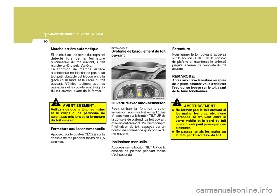Hyundai Santa Fe 2008  Manuel du propriétaire (in French) 1CARACTÉRISTIQUES DE VOTRE HYUNDAI
90
Fermeture Pour fermer le toit ouvrant, appuyez
sur le bouton CLOSE de la console de plafond et maintenez-le enfoncé jusquà la fermeture complète du toitouvra