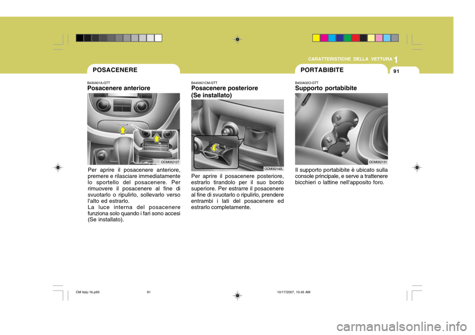 Hyundai Santa Fe 2008  Manuale del proprietario (in Italian) 1
CARATTERISTICHE DELLA VETTURA
91POSACENERE
B430A01A-GTT Posacenere anteriore
Per aprire il posacenere anteriore,
premere e rilasciare immediatamente lo sportello del posacenere. Per rimuovere il pos
