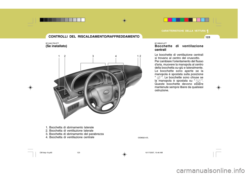 Hyundai Santa Fe 2008  Manuale del proprietario (in Italian) 1
CARATTERISTICHE DELLA VETTURA
123CONTROLLI DEL RISCALDAMENTO/RAFFREDDAMENTO
B710A01TB-GTT 
(Se installato)
1. Bocchetta di sbrinamento laterale 2. Bocchetta di ventilazione laterale 3. Bocchetta di 