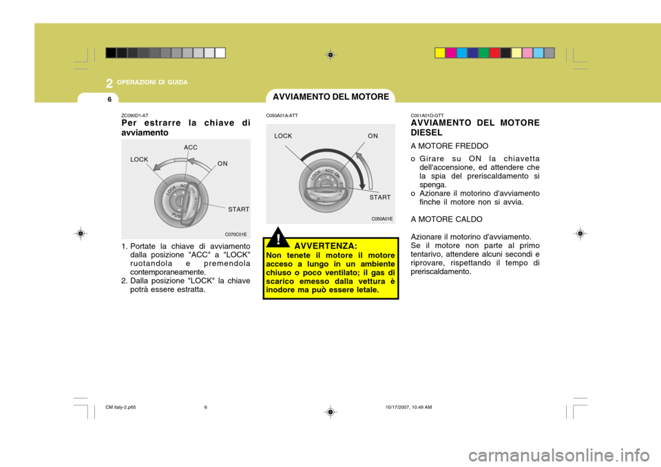 Hyundai Santa Fe 2008  Manuale del proprietario (in Italian) 2 OPERAZIONI DI GUIDA
6AVVIAMENTO DEL MOTORE
!
C050A01E
C050A01A-ATT
AVVERTENZA:
Non tenete il motore il motore
acceso a lungo in un ambiente chiuso o poco ventilato; il gas discarico emesso dalla vet