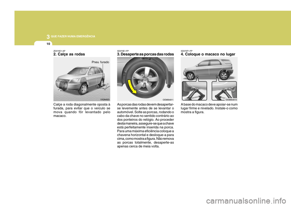 Hyundai Santa Fe 2008  Manual do proprietário (in Portuguese) 3 QUE FAZER NUMA EMERGÊNCIA
10
SD070F1-FP 4. Coloque o macaco no lugar A base do macaco deve apoiar-se num lugar firme e nivelado. Instale-o comomostra a figura.
SD070E1-FP 3. Desaperte as porcas das