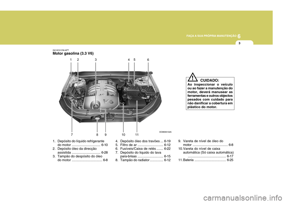Hyundai Santa Fe 2008 Manual do proprietário (in Portuguese) 6
FAÇA A SUA PRÓPRIA MANUTENÇÃO
3
G010C01CM-APT
Motor gasolina (3.3 V6)
CUIDADO:
Ao inspeccionar o veículo ou ao fazer a manutenção domotor, deverá manusear as ferramentas e outros objectos Hyundai Santa Fe 2008 Manual do proprietário (in Portuguese) 6
FAÇA A SUA PRÓPRIA MANUTENÇÃO
3
G010C01CM-APT
Motor gasolina (3.3 V6)
CUIDADO:
Ao inspeccionar o veículo ou ao fazer a manutenção domotor, deverá manusear as ferramentas e outros objectos